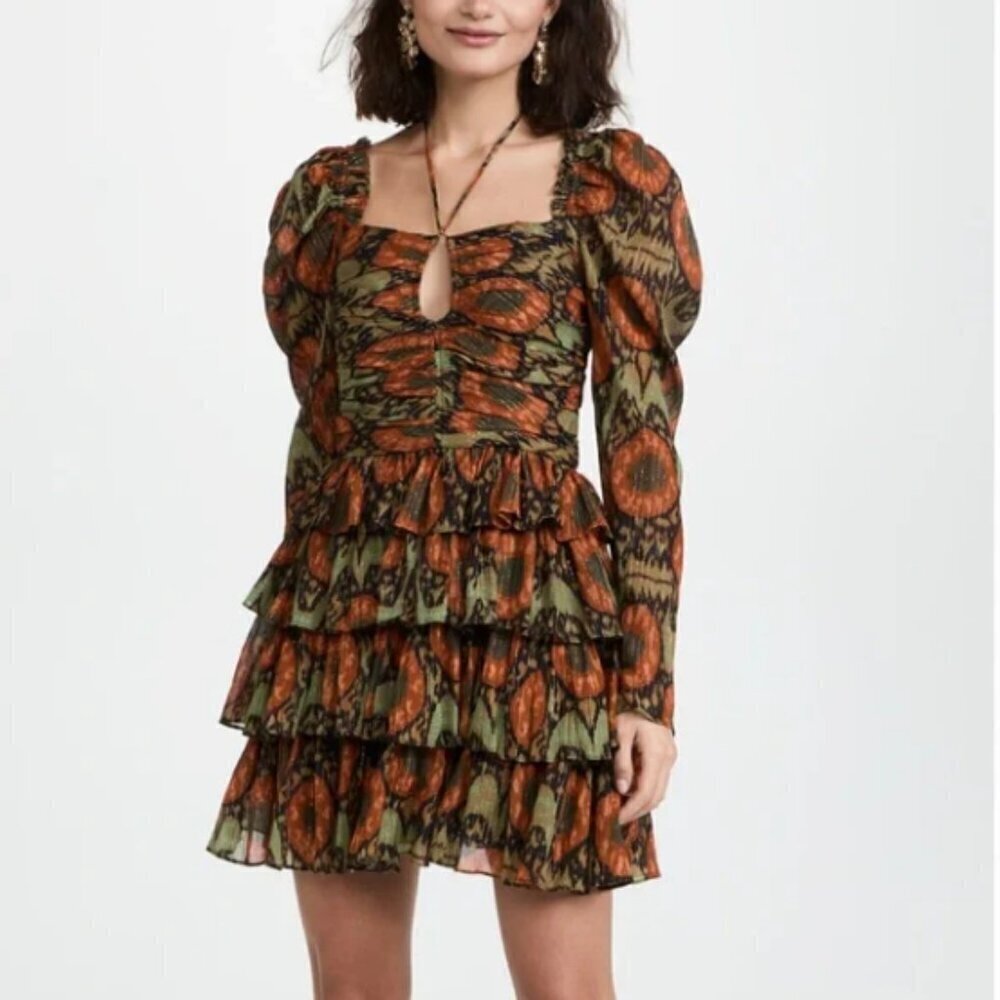 Ulla Johnson Naiya Long Sleeve Boho Tiered Mini Dress Square Neck